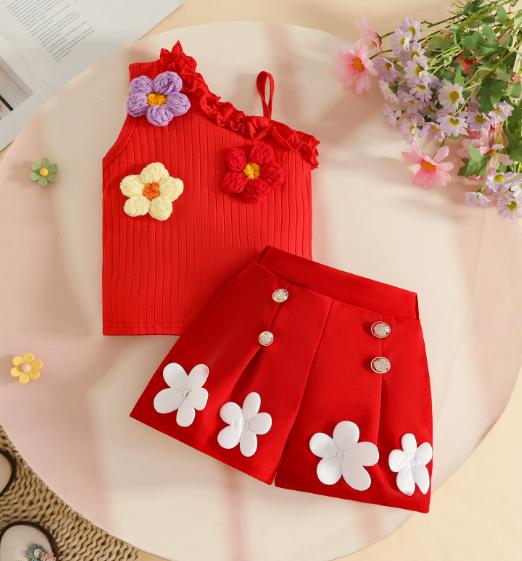 Red Daisy Ribbed Set