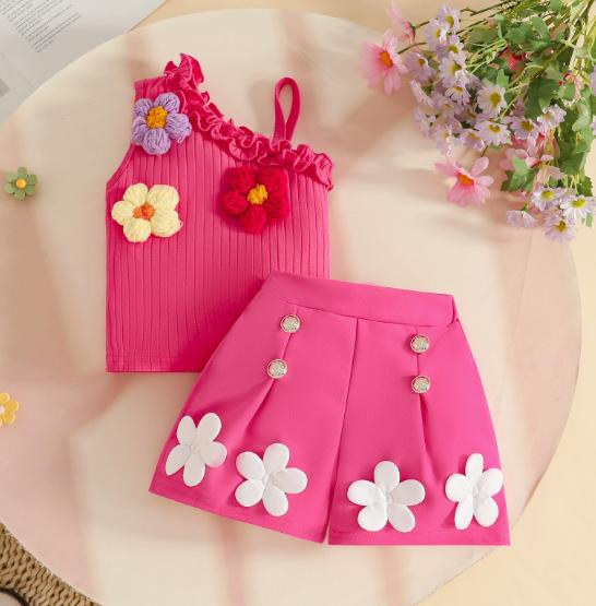 Hot Pink Daisy Ribbed Set