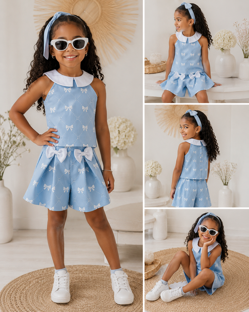 Blue Daisy Bow Dress Set